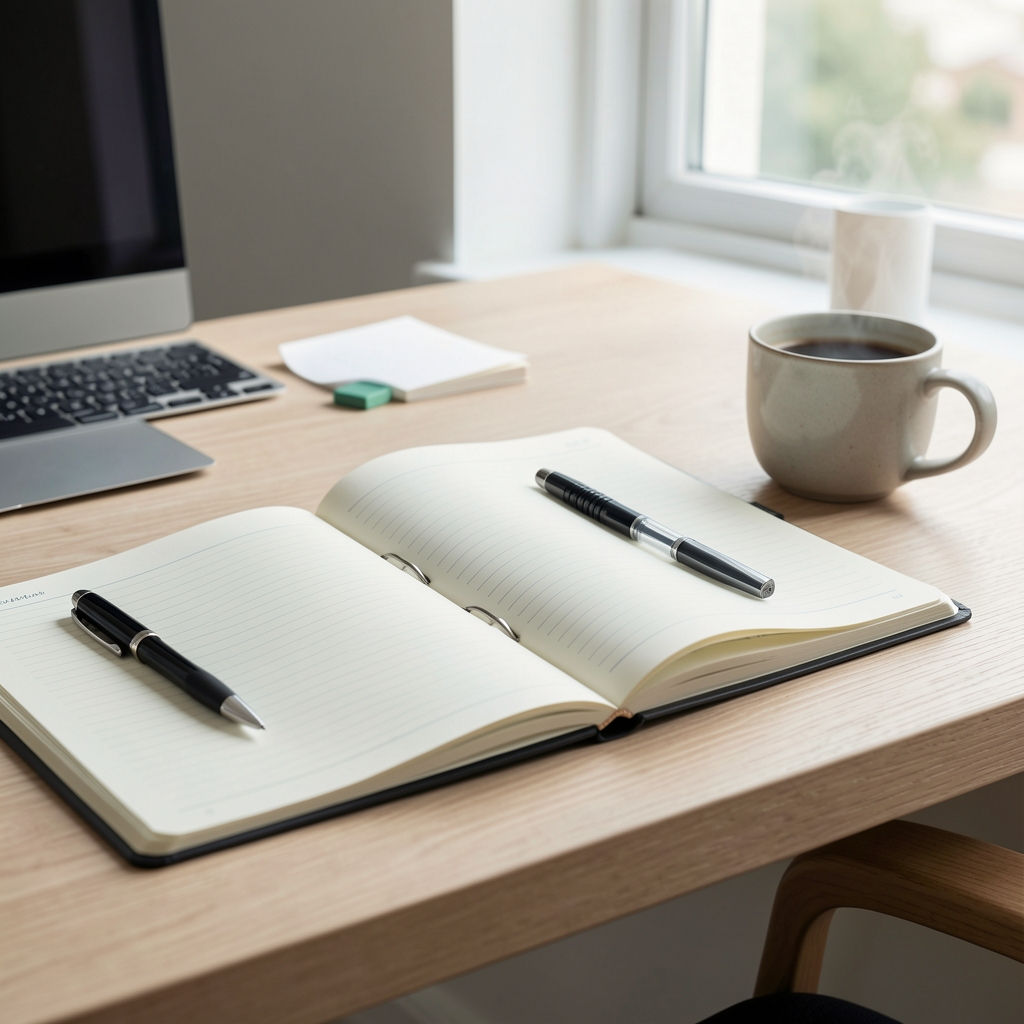 Editorial workspace with open notebooks, a pen, and morning coffee on a light wooden desk, quiet and organised atmosphere