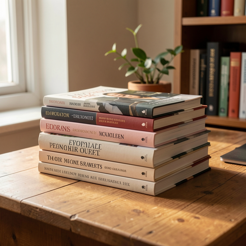 Stack of editorial reference books on a wooden desk, quiet reading corner, warm natural light