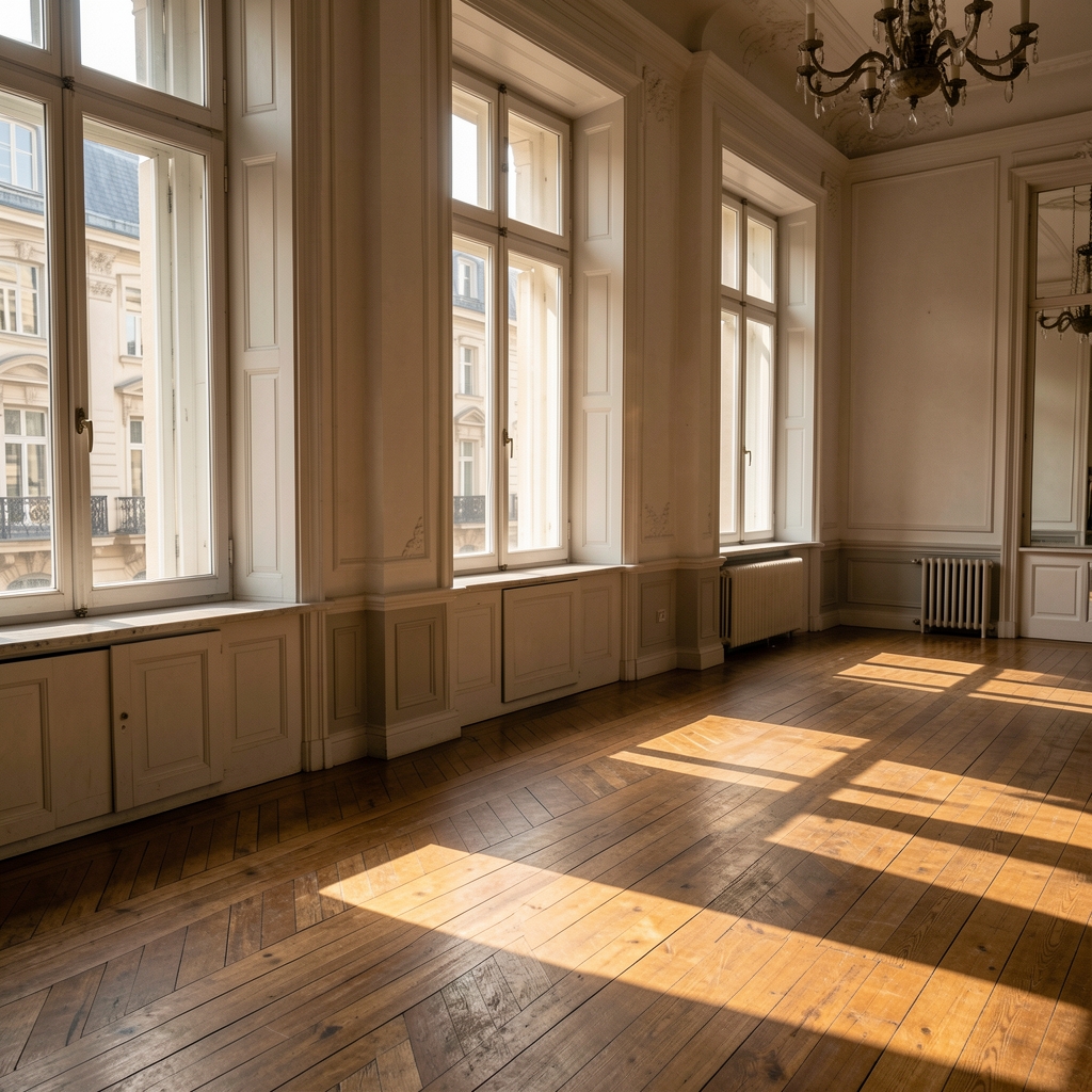 Morning light entering through tall windows in a Viennese apartment, long shadows across wooden flooring