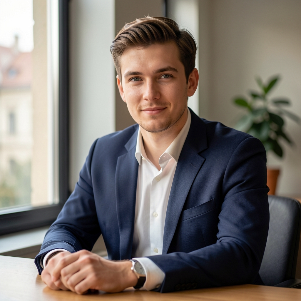 Portrait of Tobias Whitfield, editorial contributor, seated at a desk by a window, natural morning light, Vienna setting