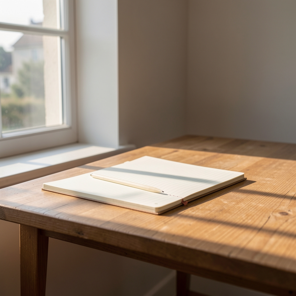 Early morning natural light through window casting soft shadows on a simple wooden desk with notebook
