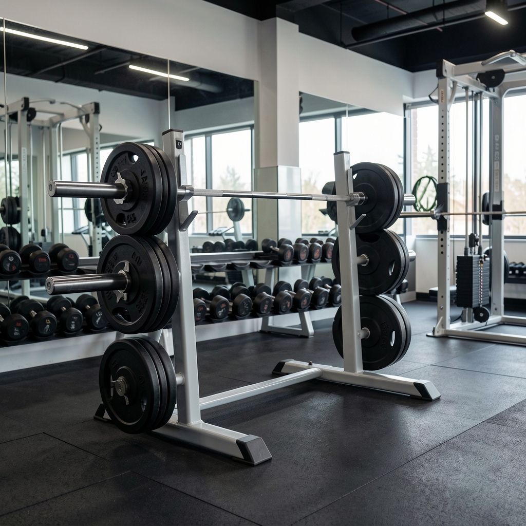 Gym interior with barbell and weight plates under controlled studio lighting showing clean equipment setup